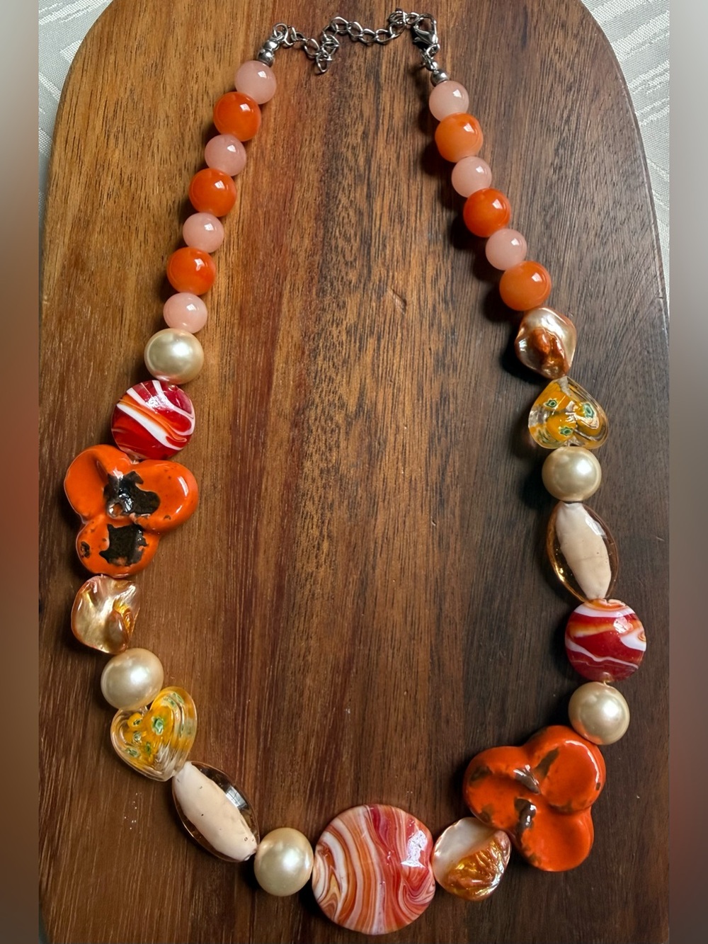 Art Glass Millefiori Orange & Peach Beaded Statement Necklace Fashion Jewelry